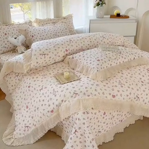 91家纺网 家纺一手货源 找家纺 添越家纺2025新款纯棉砂洗床盖三件套四件套系列花间小园