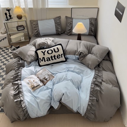 缦绣阁家纺  2025新款韩版花边水洗磨毛花边四件套床单款床笠款床裙款公主风四件套跨境外贸可定制 银灰拼天兰