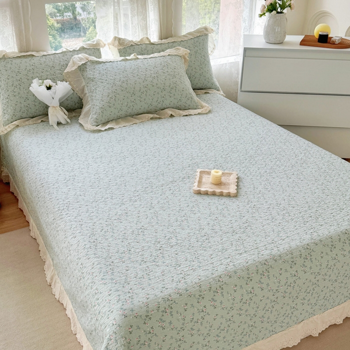 91家纺网 家纺一手货源 找家纺 添越家纺2025新款纯棉砂洗床盖三件套四件套系列春田-绿