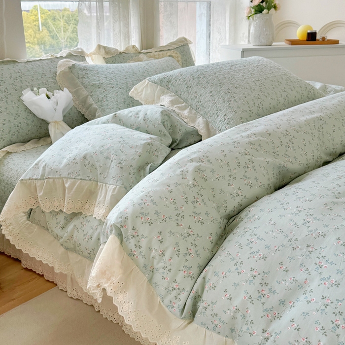 91家纺网 家纺一手货源 找家纺 添越家纺2025新款纯棉砂洗床盖三件套四件套系列春田-绿