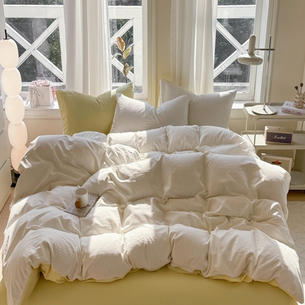 缦绣阁家纺 2025新款无印风条纹水洗磨毛四件套简约风4件套学生宿舍三件套 良品条纹奶黄