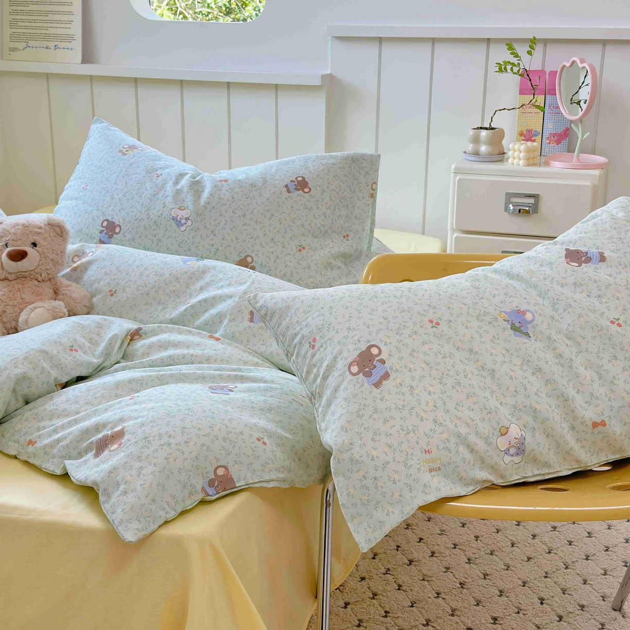 91家纺网 家纺一手货源 找家纺 于果 2025新款双层纱四件套第五批 少女象（绿）