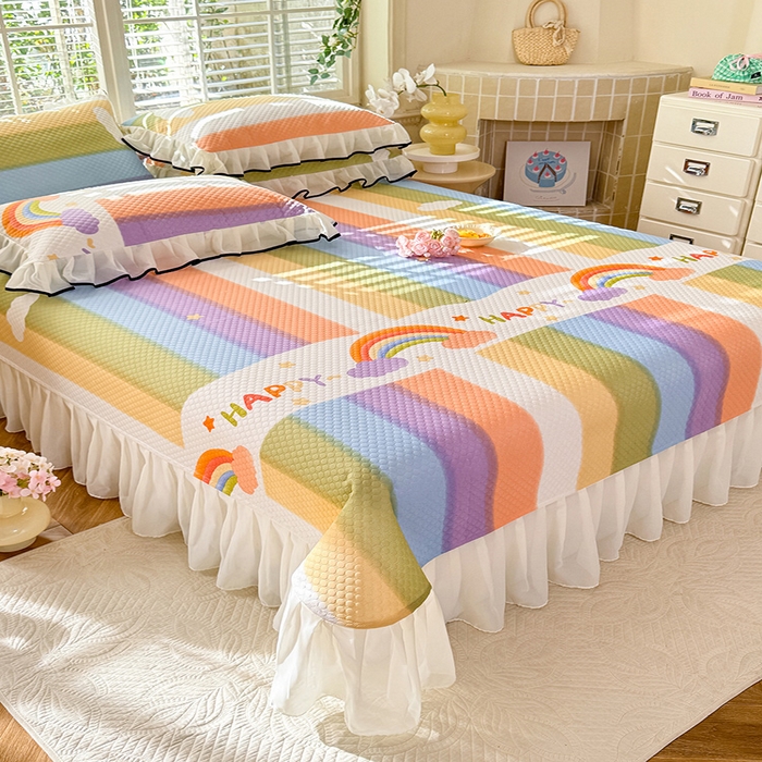 91家纺网 家纺一手货源 找家纺 金盛皇朝家纺 2025夏季新款冰丝凉豆豆床盖凉席 绚丽彩虹