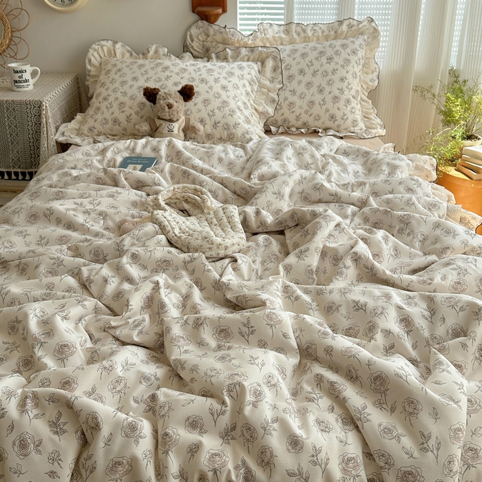 91家纺网 家纺一手货源 找家纺 轻奢坊 2025新款复古风双层纱水洗棉夏被四件套 夏被-玫瑰