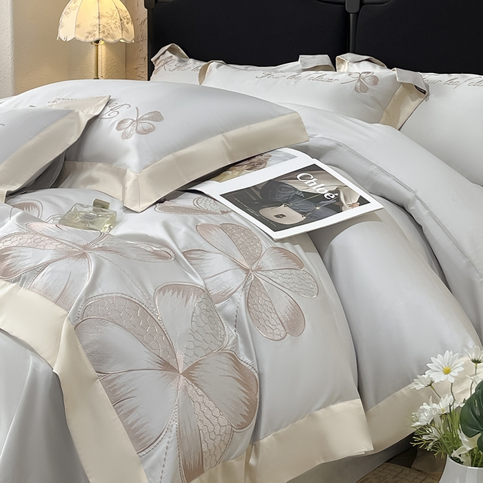 91家纺网 家纺一手货源 找家纺 【直播爆款】A类全棉四件套纯棉轻奢重工刺绣床单床笠夏季床单床笠床上用品 绮梦-烟灰