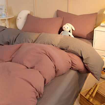 91家纺网 家纺一手货源 找家纺 （总）缦绣阁家纺 2025新款亲肤水洗棉纯色双拼四件套简约风床单款床笠款四件套宿舍三件套