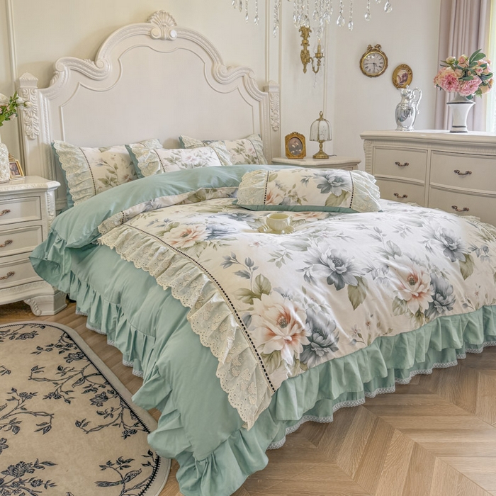 91家纺网 家纺一手货源 找家纺 亲亲公主 2025新款全棉法式花边四件套--米娅 米娅一孔雀蓝