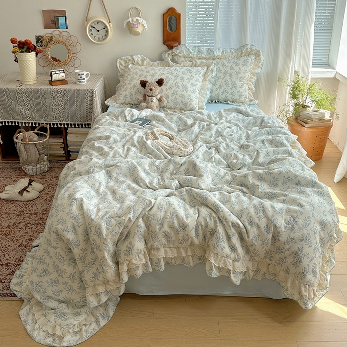 91家纺网 家纺一手货源 找家纺 轻奢坊 2025新款复古风双层纱水洗棉夏被四件套 夏被-麦穗蓝