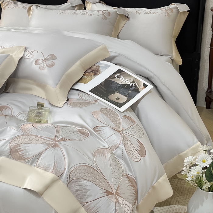 91家纺网 家纺一手货源 找家纺 【直播爆款】A类全棉四件套纯棉轻奢重工刺绣床单床笠夏季床单床笠床上用品 绮梦-烟灰