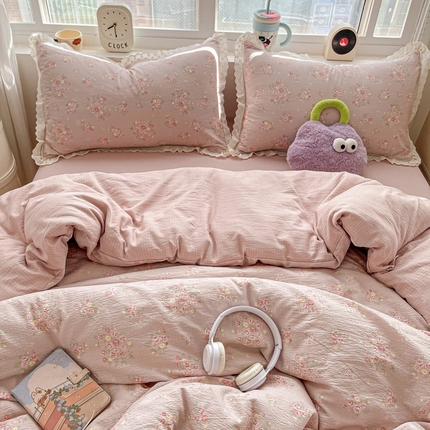 91家纺网 家纺一手货源 找家纺 （总）2025新款云感木棉皱皱双层纱全棉花边四件套