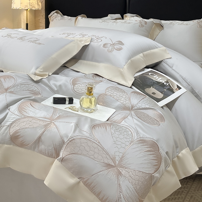 91家纺网 家纺一手货源 找家纺 【直播爆款】A类全棉四件套纯棉轻奢重工刺绣床单床笠夏季床单床笠床上用品 绮梦-烟灰