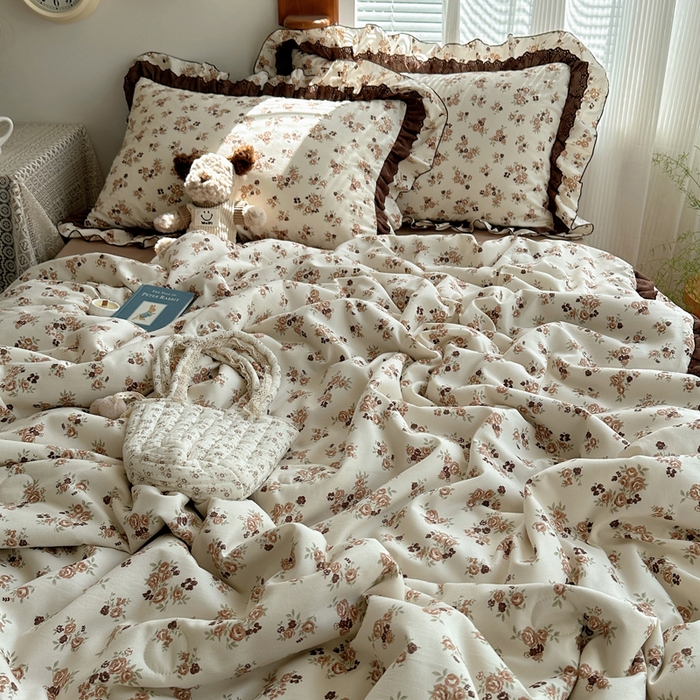 91家纺网 家纺一手货源 找家纺 轻奢坊 2025新款复古风双层纱水洗棉夏被四件套 夏被-木槿