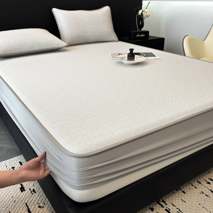 91家纺网 家纺一手货源 找家纺 九花鹿 2025新款凉感肌理纹冰丝席-床笠款 床笠款-肌理纹(米灰)