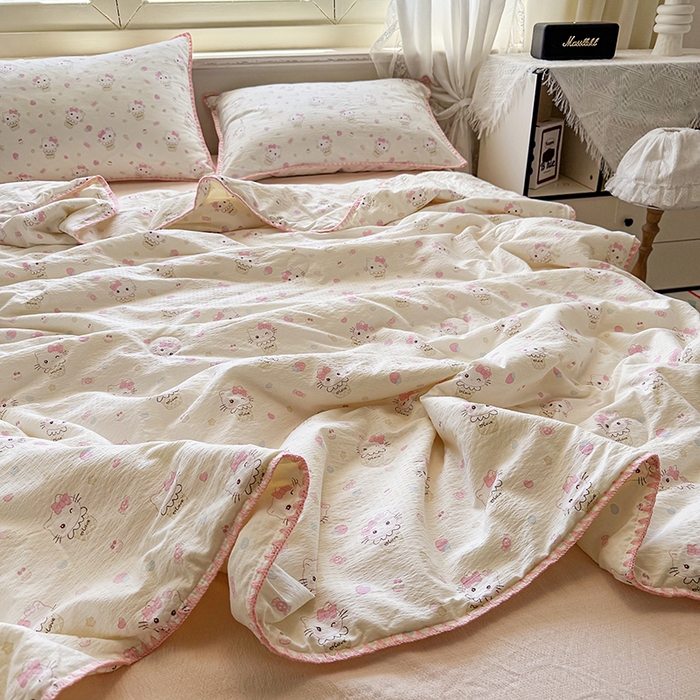 91家纺网 家纺一手货源 找家纺 晚爱家纺（原晚安家居）  2025新款A类母婴级云感双层纱三角针夏被贝壳边夏凉被春夏贝壳绣【可提供买家秀】 粉色KT猫
