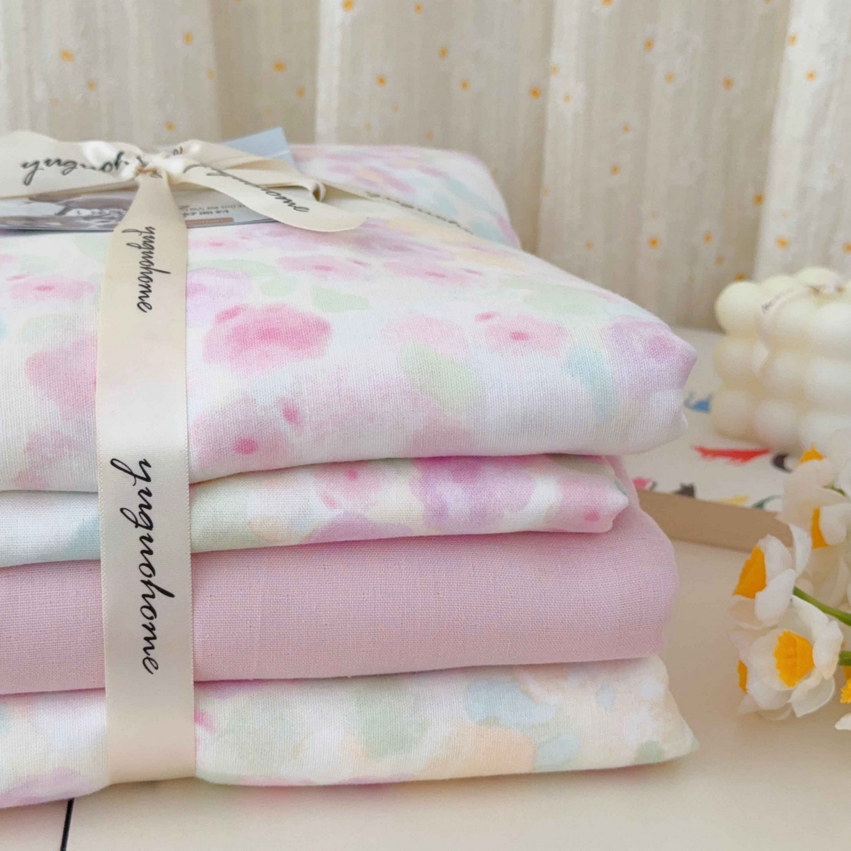 91家纺网 家纺一手货源 找家纺 于果 2025新款双层纱四件套第五批 桃之夭夭