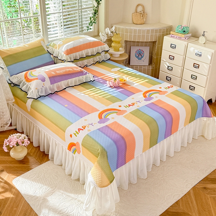 91家纺网 家纺一手货源 找家纺 金盛皇朝家纺 2025夏季新款冰丝凉豆豆床盖凉席 绚丽彩虹