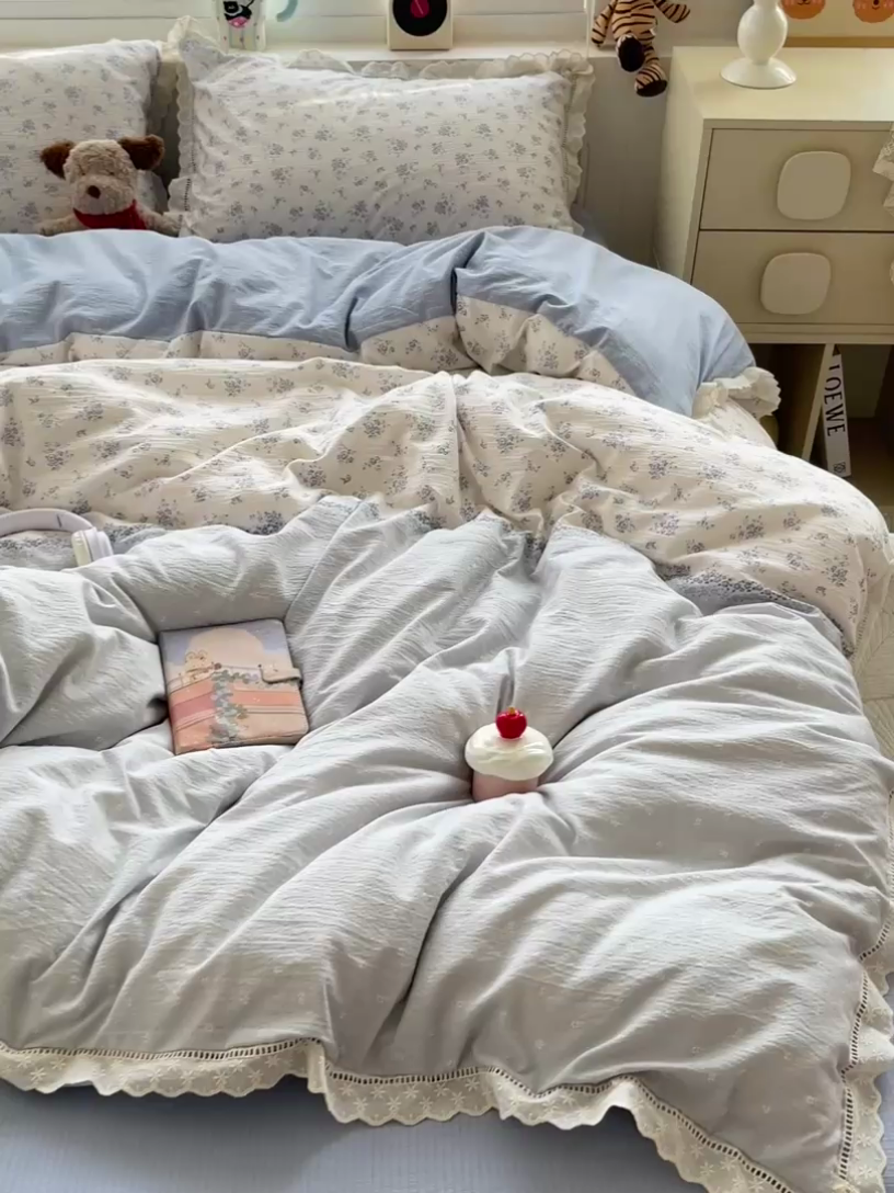 91家纺网 家纺一手货源 找家纺 2025新款云感木棉皱皱双层纱全棉花边四件套 兰黛