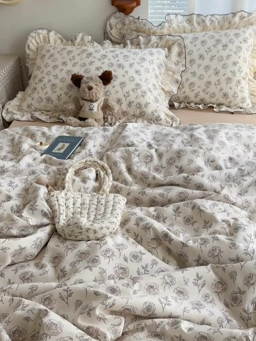 91家纺网 家纺一手货源 找家纺 轻奢坊 2025新款复古风双层纱水洗棉夏被四件套 夏被-玫瑰