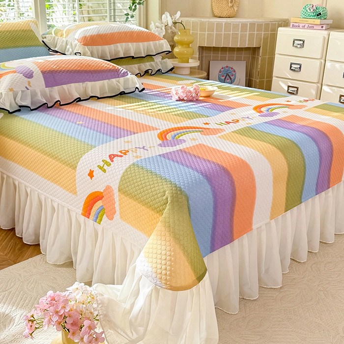 91家纺网 家纺一手货源 找家纺 金盛皇朝家纺 2025夏季新款冰丝凉豆豆床盖凉席 绚丽彩虹