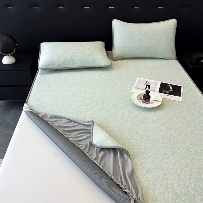 91家纺网 家纺一手货源 找家纺 九花鹿 2025新款凉感肌理纹冰丝席-床笠款 床笠款-肌理纹(豆绿）