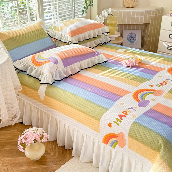 91家纺网 家纺一手货源 找家纺 金盛皇朝家纺 2025夏季新款冰丝凉豆豆床盖凉席 绚丽彩虹