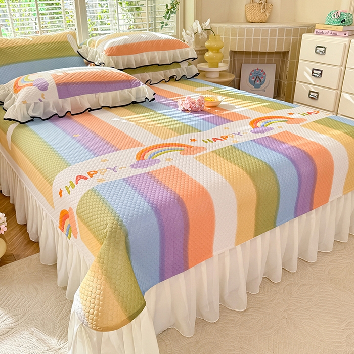 91家纺网 家纺一手货源 找家纺 金盛皇朝家纺 2025夏季新款冰丝凉豆豆床盖凉席 绚丽彩虹