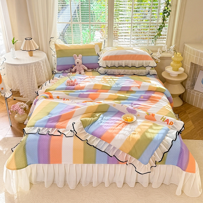 91家纺网 家纺一手货源 找家纺 金盛皇朝家纺 2025夏季新款冰丝凉豆豆床盖凉席 绚丽彩虹