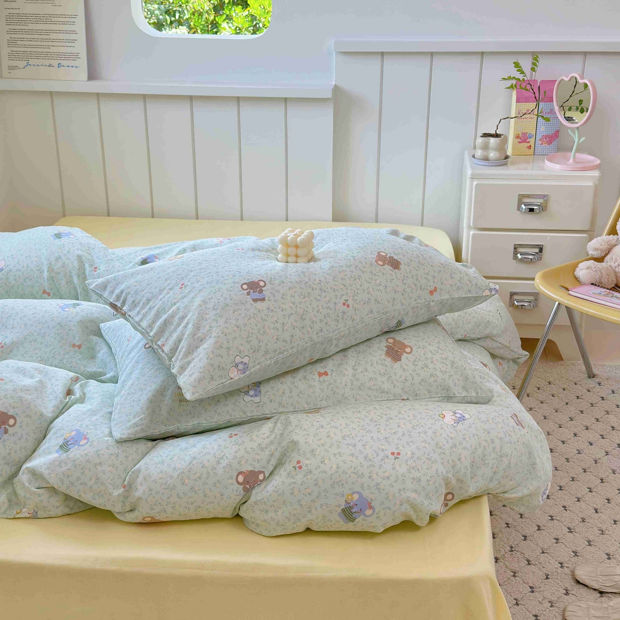 91家纺网 家纺一手货源 找家纺 于果 2025新款双层纱四件套第五批 少女象（绿）