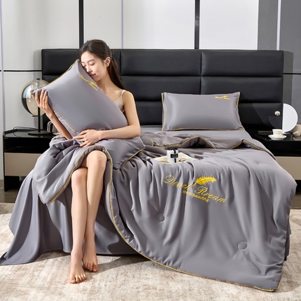 缦绣阁家纺 2025春夏新款水洗真丝刺绣夏被凉感丝夏被冰淇淋夏凉被空调被 星耀灰