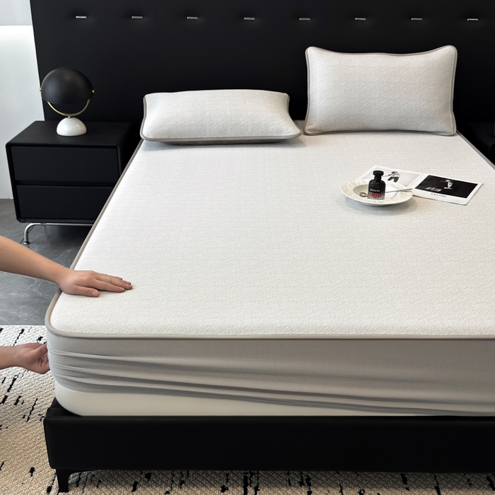 91家纺网 家纺一手货源 找家纺 九花鹿 2025新款凉感肌理纹冰丝席-床笠款 床笠款-肌理纹(米灰)