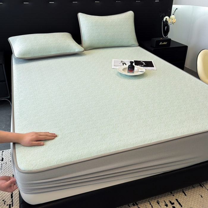 91家纺网 家纺一手货源 找家纺 九花鹿 2025新款凉感肌理纹冰丝席-床笠款 床笠款-肌理纹(豆绿）