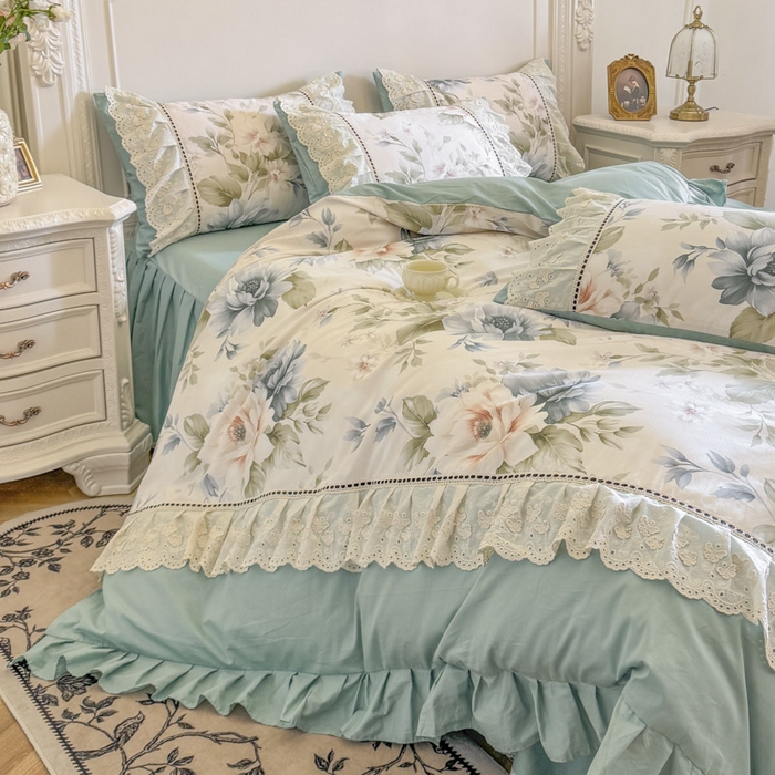 91家纺网 家纺一手货源 找家纺 亲亲公主 2025新款全棉法式花边四件套--米娅 米娅一孔雀蓝