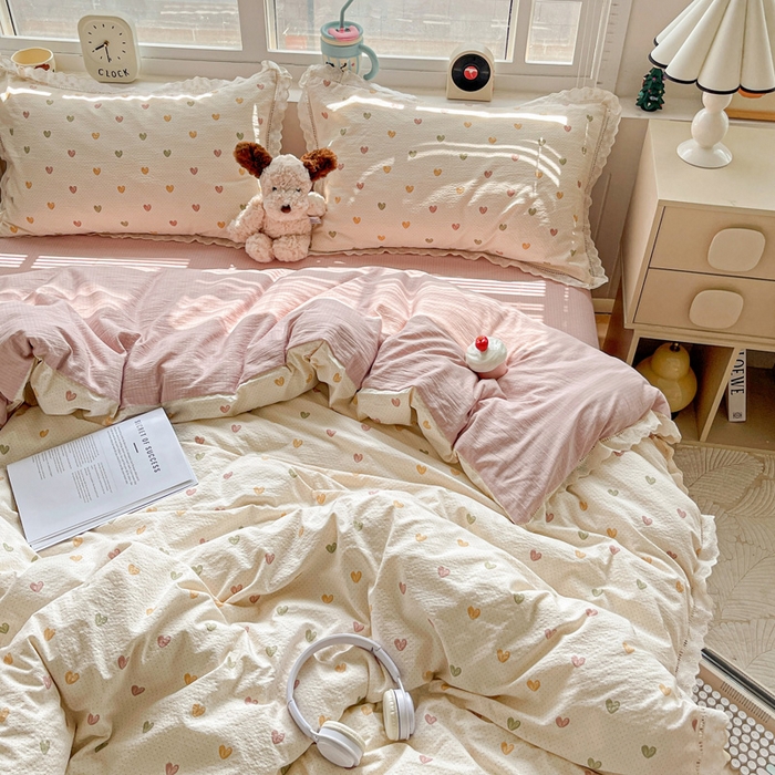 91家纺网 家纺一手货源 找家纺 2025新款云感木棉皱皱双层纱全棉花边四件套 心动