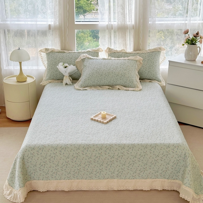 91家纺网 家纺一手货源 找家纺 添越家纺2025新款纯棉砂洗床盖三件套四件套系列春田-绿