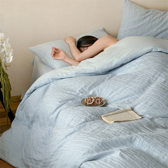 91家纺网 家纺一手货源 找家纺 梦享生活家居 2025新款色织三层提花人字纹面料四件套-青春系列恋青春天蓝