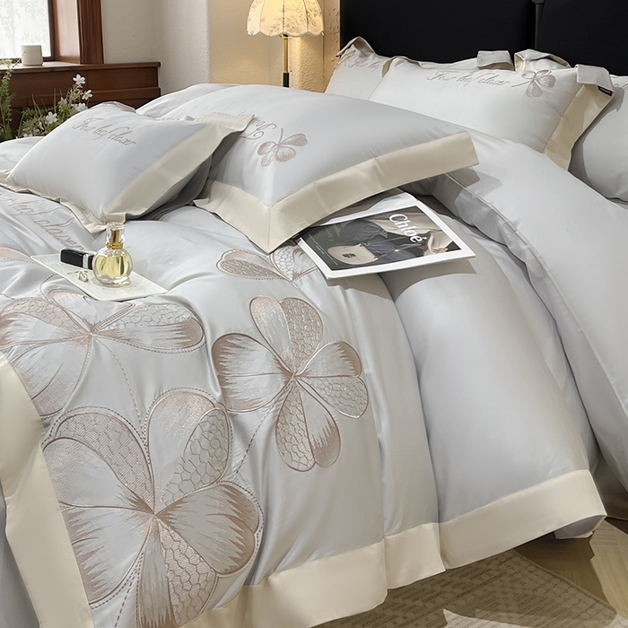 91家纺网 家纺一手货源 找家纺 【直播爆款】A类全棉四件套纯棉轻奢重工刺绣床单床笠夏季床单床笠床上用品 绮梦-烟灰