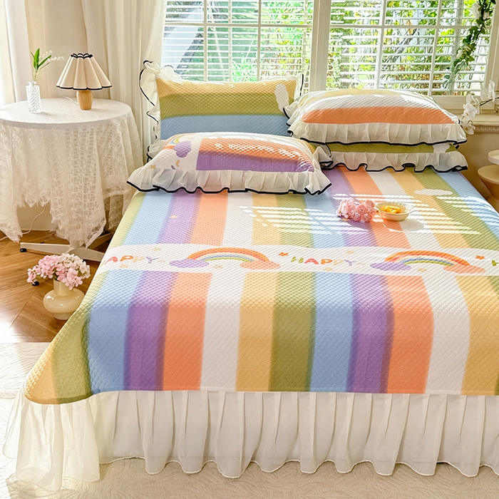 91家纺网 家纺一手货源 找家纺 金盛皇朝家纺 2025夏季新款冰丝凉豆豆床盖凉席 绚丽彩虹