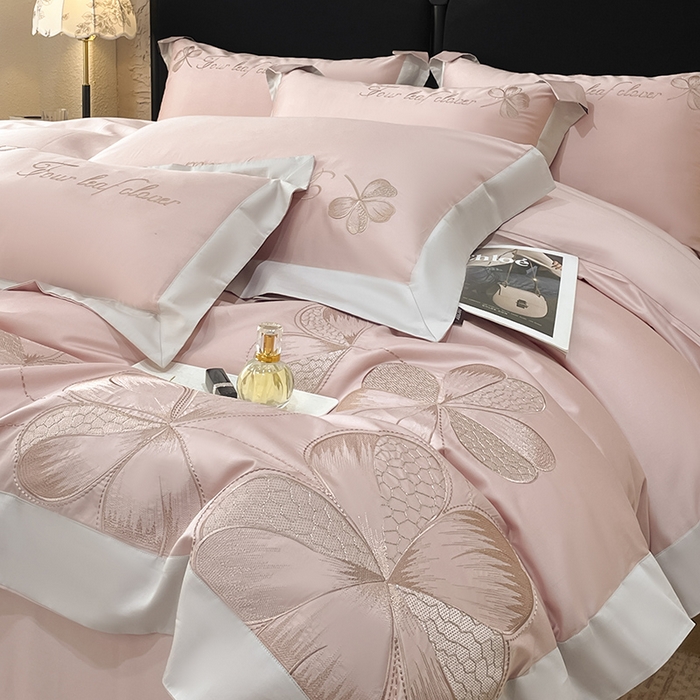 91家纺网 家纺一手货源 找家纺 【直播爆款】A类全棉四件套纯棉轻奢重工刺绣床单床笠夏季床单床笠床上用品 绮梦-颜粉