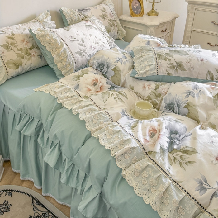 91家纺网 家纺一手货源 找家纺 亲亲公主 2025新款全棉法式花边四件套--米娅 米娅一孔雀蓝