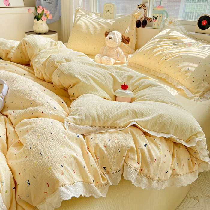 91家纺网 家纺一手货源 找家纺 2025新款云感木棉皱皱双层纱全棉花边四件套 芝士奶酪