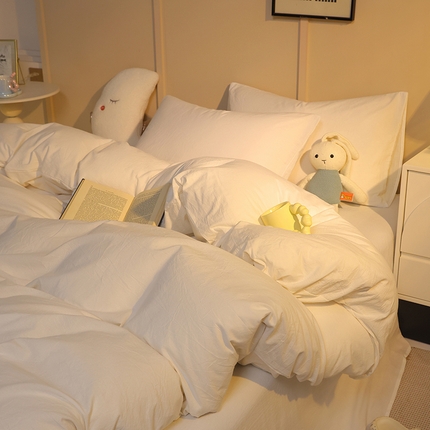 91家纺网 家纺一手货源 找家纺 （总）缦绣阁家纺 2025新款亲肤水洗棉纯色双拼四件套简约风床单款床笠款四件套宿舍三件套