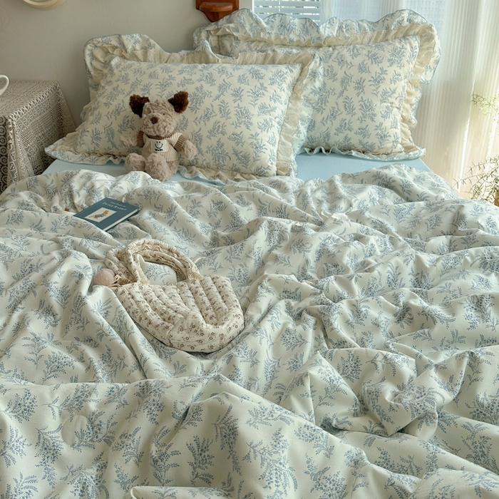 91家纺网 家纺一手货源 找家纺 轻奢坊 2025新款复古风双层纱水洗棉夏被四件套 夏被-麦穗蓝