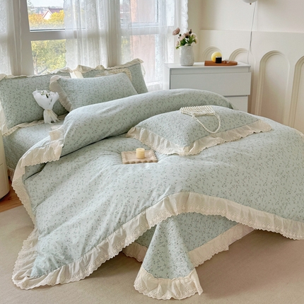 添越家纺2025新款纯棉砂洗床盖三件套四件套系列春田-绿