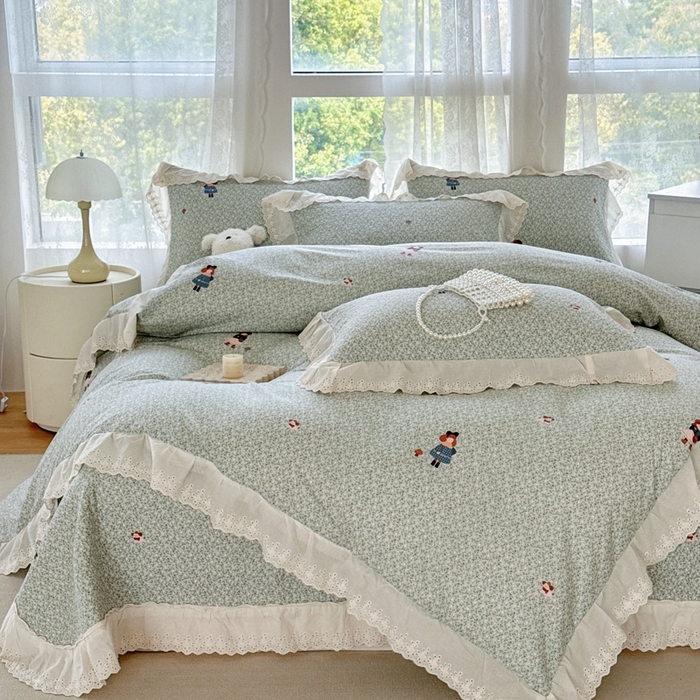 91家纺网 家纺一手货源 找家纺 添越家纺2025新款纯棉砂洗床盖三件套四件套系列森林女孩