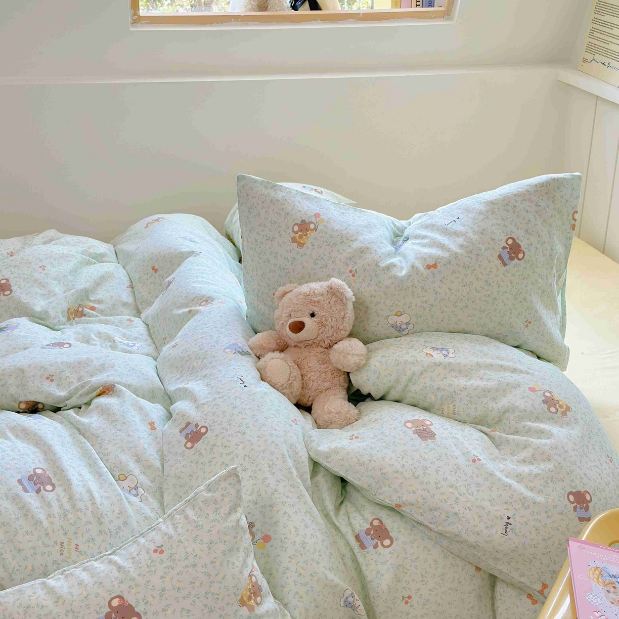 91家纺网 家纺一手货源 找家纺 于果 2025新款双层纱四件套第五批 少女象（绿）