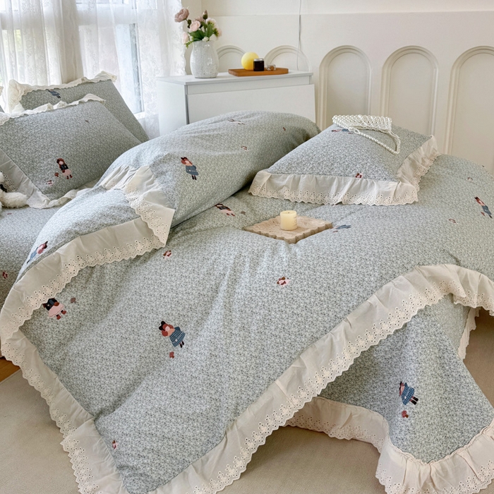 91家纺网 家纺一手货源 找家纺 添越家纺2025新款纯棉砂洗床盖三件套四件套系列森林女孩