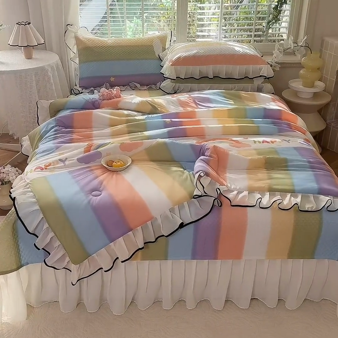 91家纺网 家纺一手货源 找家纺 金盛皇朝家纺 2025夏季新款冰丝凉豆豆床盖凉席 绚丽彩虹