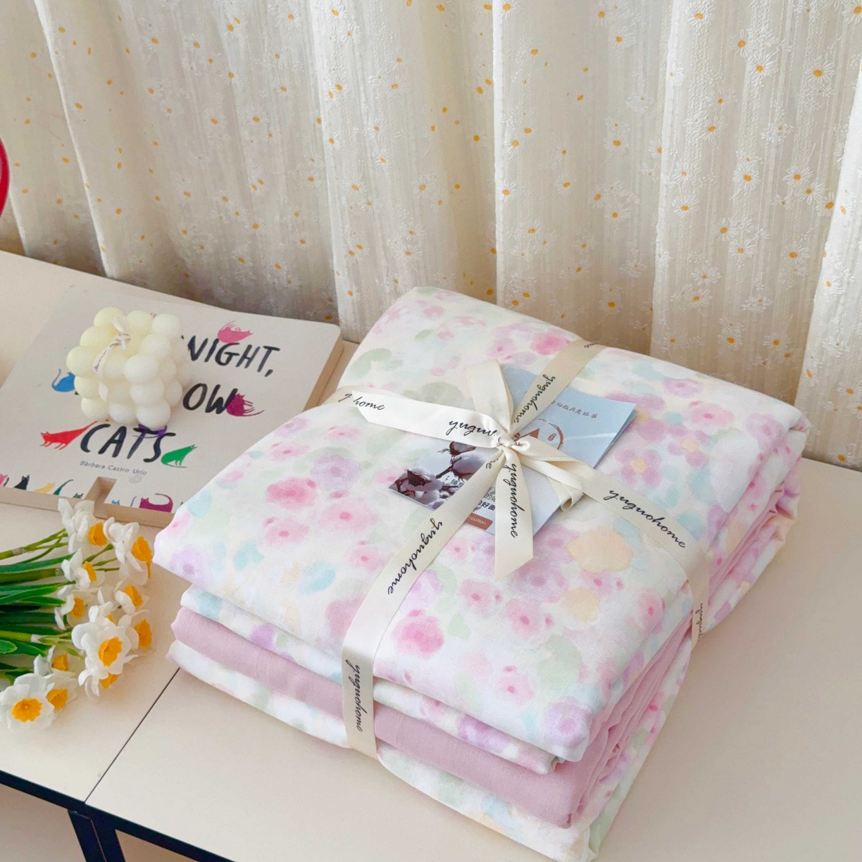 91家纺网 家纺一手货源 找家纺 于果 2025新款双层纱四件套第五批 桃之夭夭