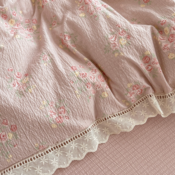 91家纺网 家纺一手货源 找家纺 2025新款云感木棉皱皱双层纱全棉花边四件套 素颜