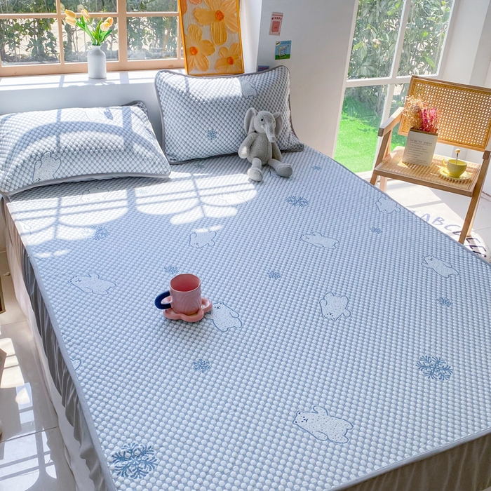 91家纺网 家纺一手货源 找家纺 （总）千朵 2025新款凉感PE冰豆豆提花床笠款凉席